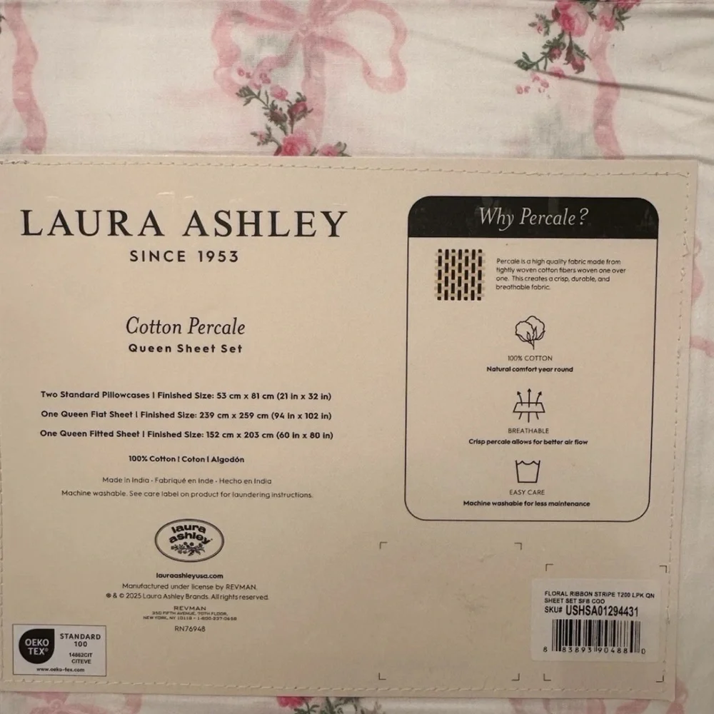 Laura Ashley Queen Pink Floral Ribbon Stripe Cotton 4Pc Sheet Set NEW